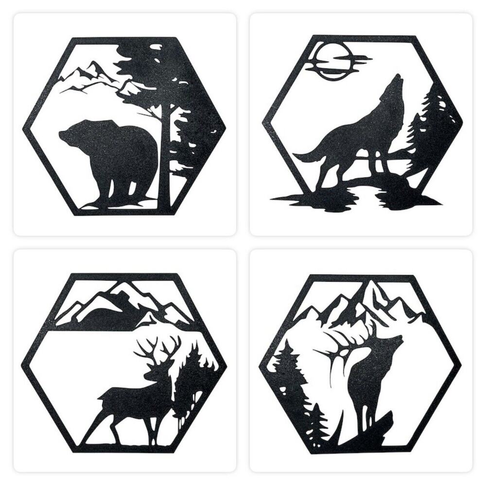 Set 4 Plastic Wall Art Decor Rustic Wildlife Hexagon Silhouettes Bear Wolf Elk